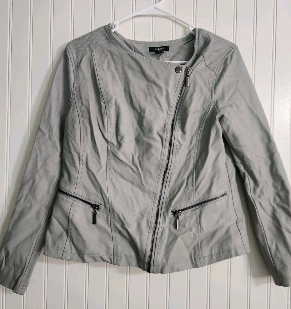 Alfani Women’s Gray Faux Leather Zip Moto Jacket Quilted Medium
